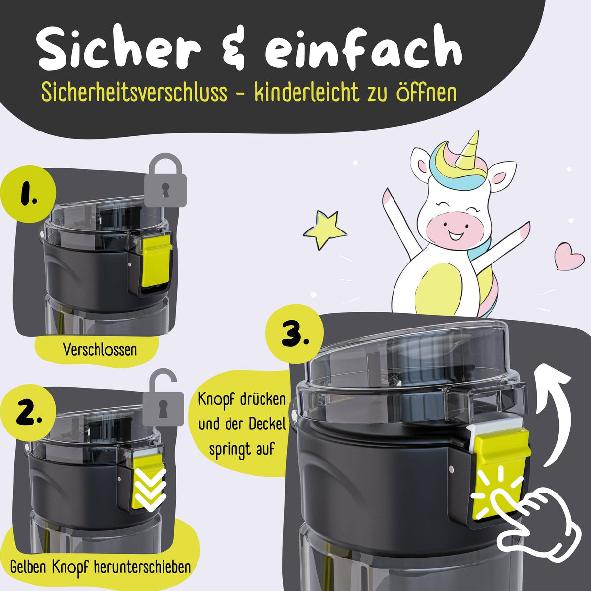 Trinkflasche Kinder, 500ml, leicht - Dinos-schwarz