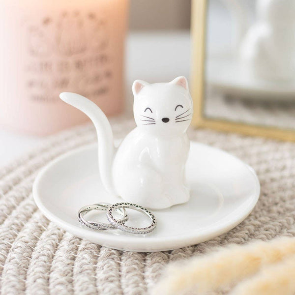 Plat à bibelots visage de chat blanc assis