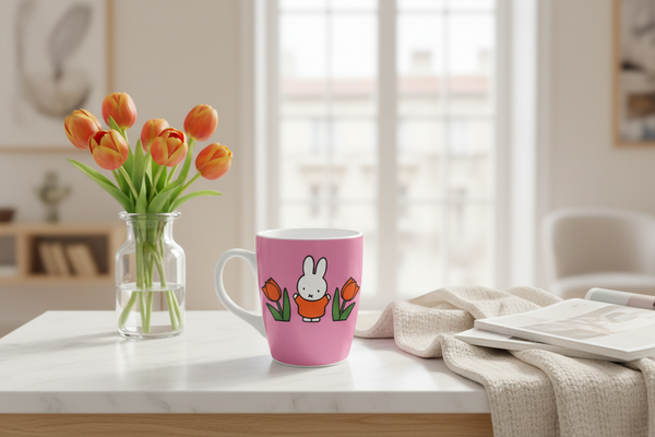 Mok met Miffy-konijn en roze tulpen