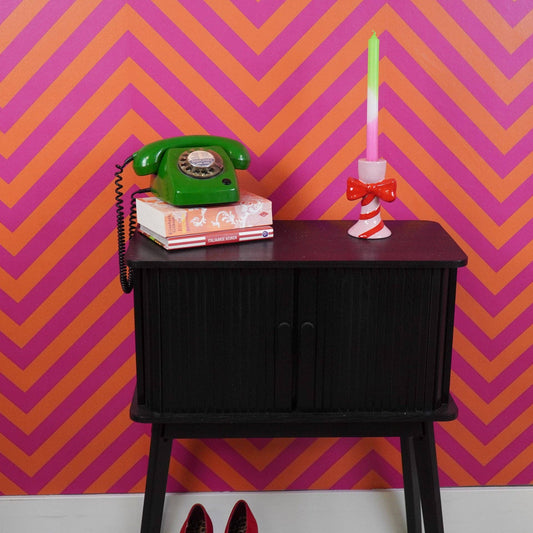 Kandelaar - Strepen met strik - Roze/Rood - 9x8x14cm