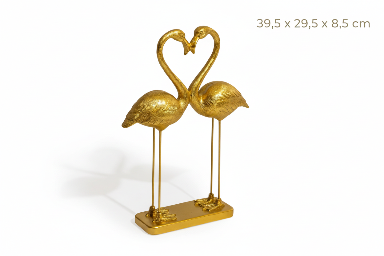 Pair of "Heart of Love" pink flamingos in antique gold