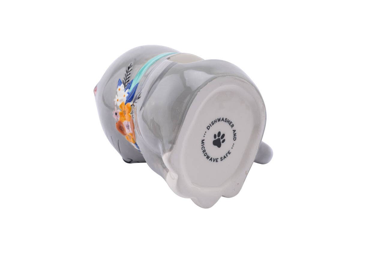 3D-mok met grijs katje en bloemen