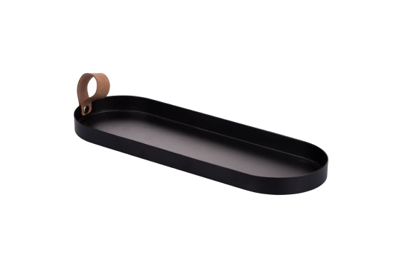 BLACK METAL TRAY/LEATHER HANDLE 35.5X12X2C - 5926335