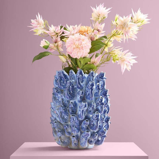 Vaas met vismotief, blauw aardewerk, 24 x 24 x 32 cm