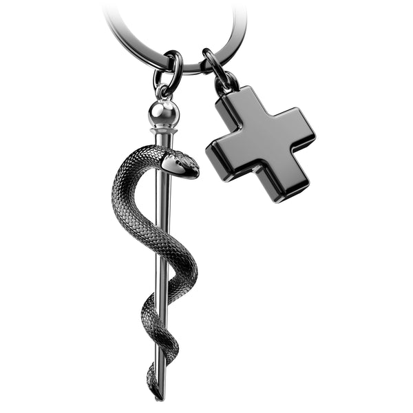 Sleutelhanger met de staf van Aesculapius en een medisch kruis.