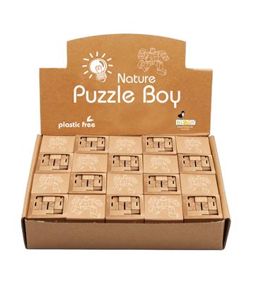 Casse-tête eco: PUZZLE-BOY, en bois nature, en boîte 4,8x4,8x4,8cm, en présentoir 25x20x20cm, 3+