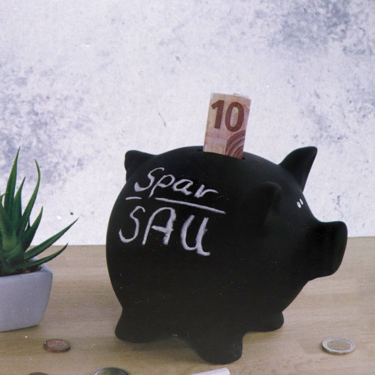 'Blackboard' piggy bank with chalk for writing
