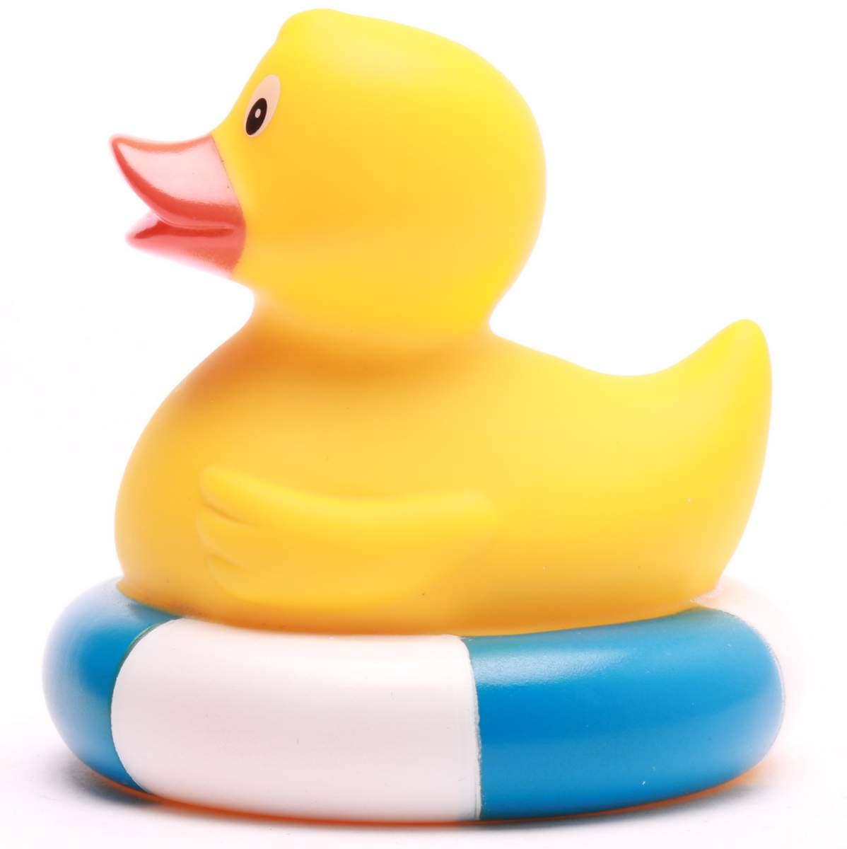 canard de bain dans une bouee bleu