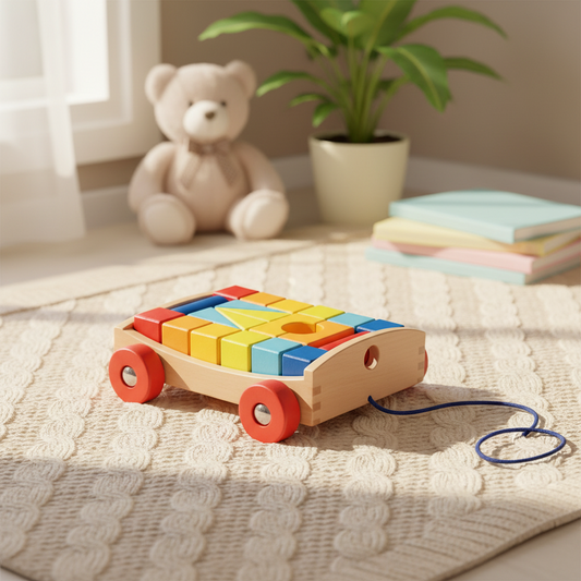 Chariot à tirer en bois avec blocs de construction