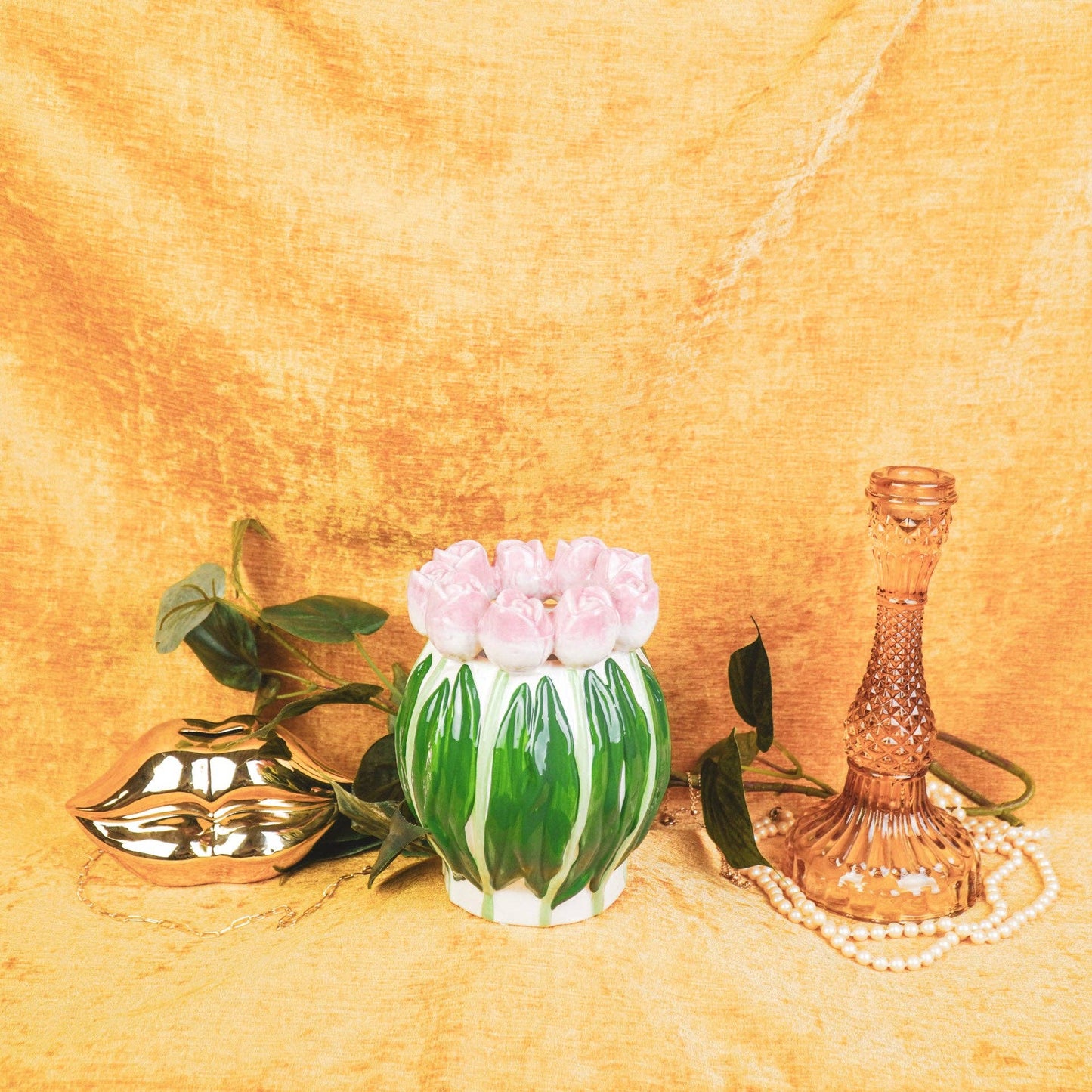 Vase - Tulips - Dolomite - Light pink/Green - 12.5x12.5x16cm