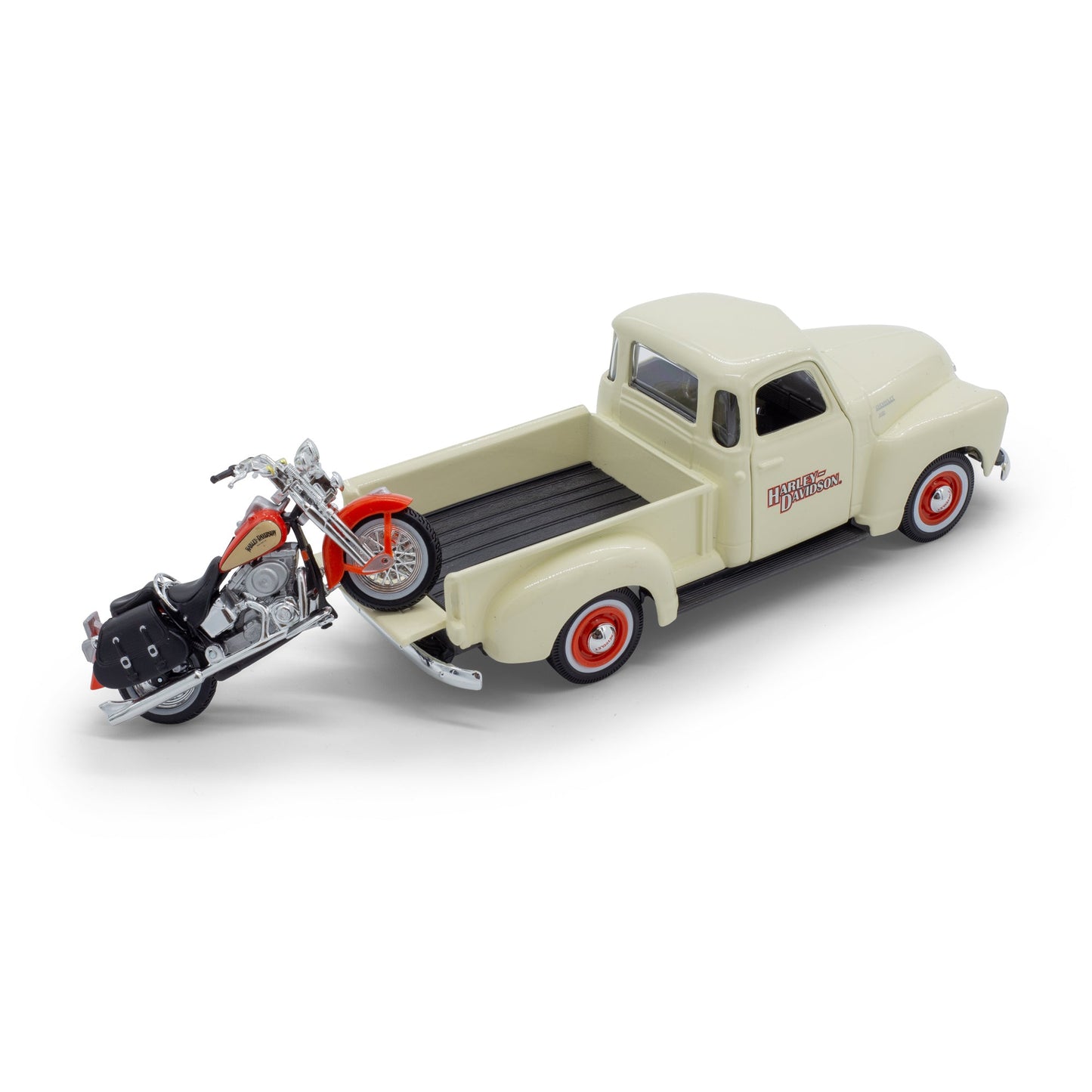 1:24 HARLEY DAVIDSON CHEVROLET 3100 PICKUP AVEC FLSTS HERITAGE SPRINGER CHEVY
