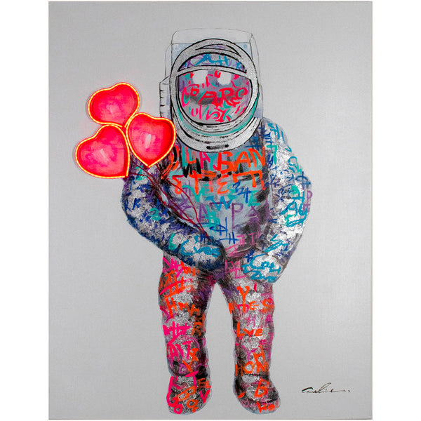 'Spaceman Hearts' Wall Artwork with LED Neon - SMALL