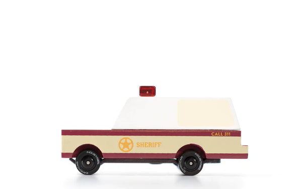 Houten politieauto van Candycar World - Sheriff