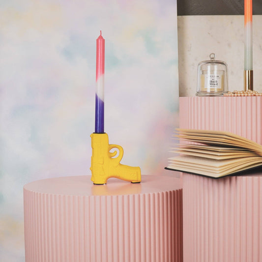 Kandelaar - Pistool - Keramiek - Neongeel - 12x5x12cm