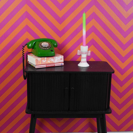 Kandelaar - Strepen met strik - Wit/Roze - 9x8x14cm