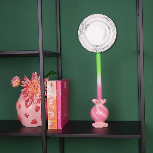 Ronde kaarsenhouder in de vorm van toffee - Keramiek - Roze/Neon - 8,5 x 8,5 x 13 cm