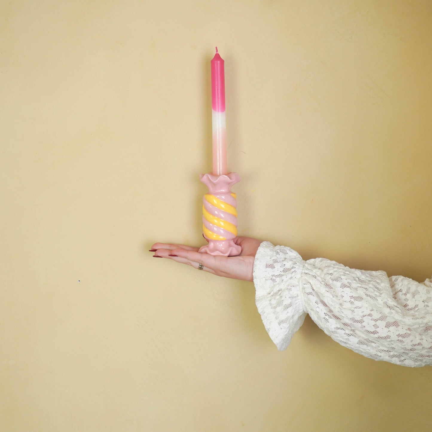 Bougeoir - Bonbon Toffee - Céramique - Rose/Jaune - 7,5x7,5x13 cm