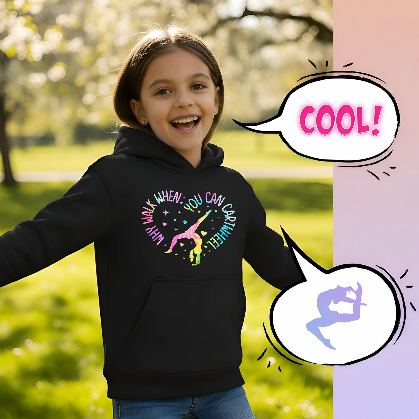 Fringoo Gymnastic Sweat à capuche for enfant Cotton Rich Soft Hooded Sweatshirt- Gymnastic CartWheel- noir