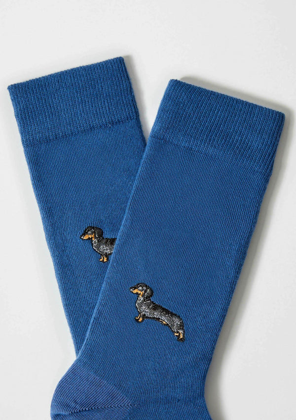 Chaussettes brodées BePets Teckel Bleu