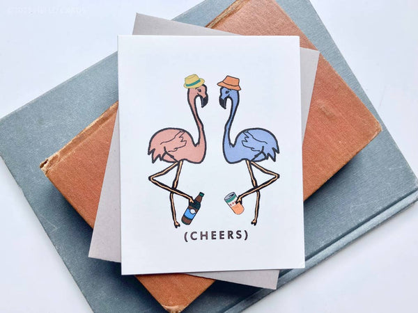 Wenskaart "Leggy Cheers" met flamingo-motief