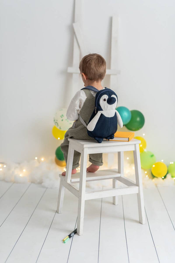 Gehaakte pinguïnrugzak – Blauw en wit