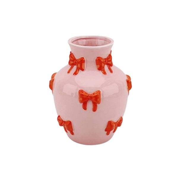 Vaas - Bloemenvaas met linten - Roze/Oranje - 14x14x19cm