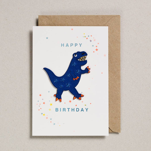 Wenskaart met patch - Blauwe dinosaurus