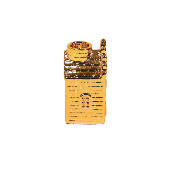 Bougeoir - Maison - Céramique - Doré - 6x6x11cm