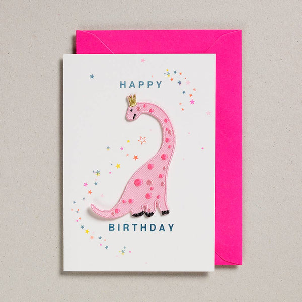 Wenskaart met patch - Roze dinosaurus