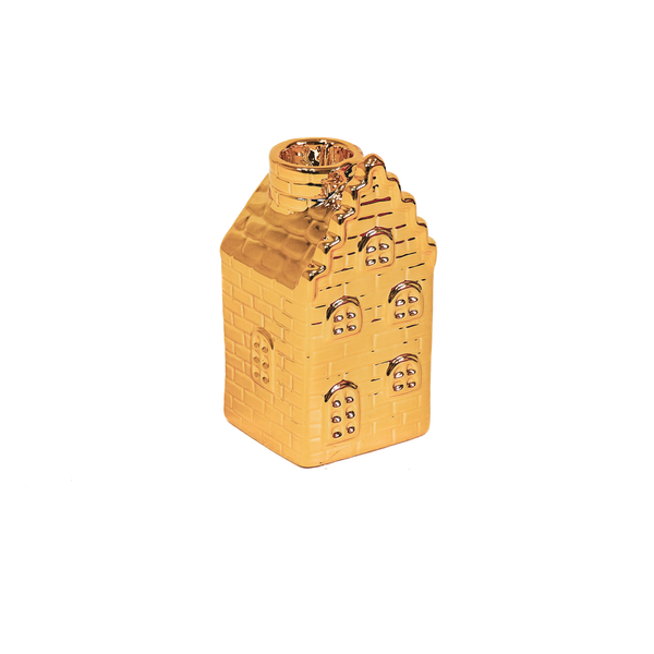 Bougeoir - Maison - Céramique - Doré - 6x6x11cm