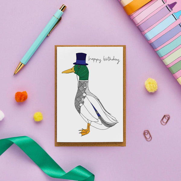 Verjaardagskaart van meneer Wilde Eend met de tekst "Gefeliciteerd met je verjaardag"