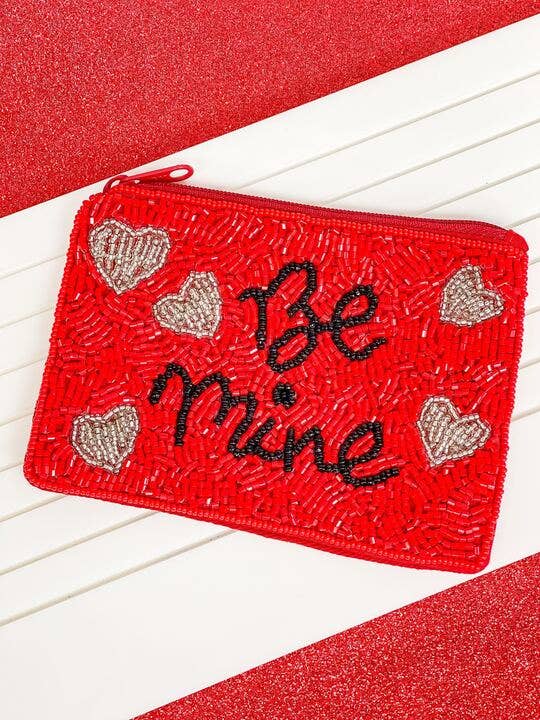 Pochette zippée à perles rouges « Be Mine »