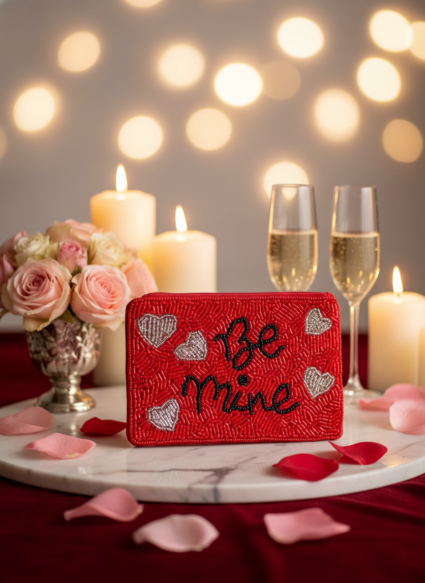 “Be Mine” Red Beaded Zipper Pouch