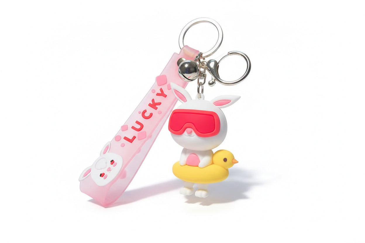 Konijn sleutelhanger met eendje als zwembandje