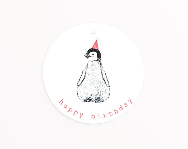 Étiquette ronde d’anniversaire Pingouin Kathings Happy Birthday en papier recyclé FSC