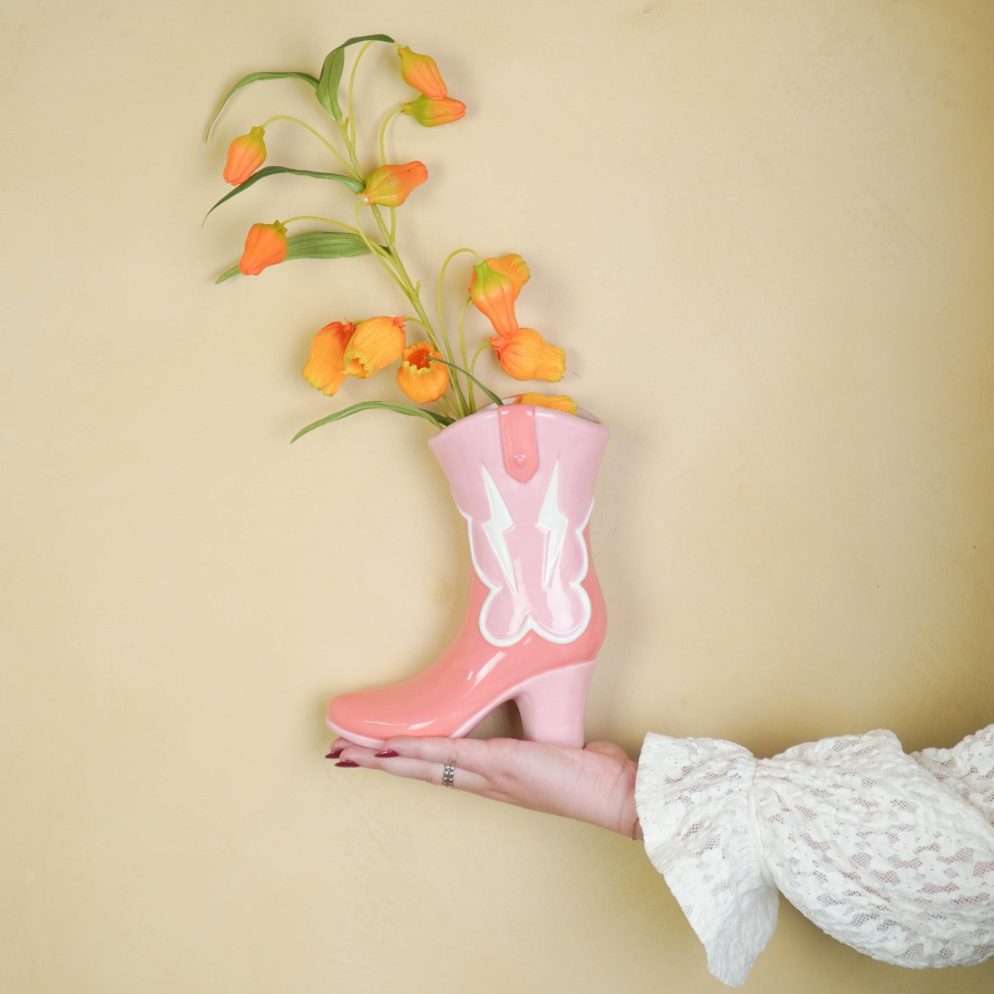Flower vase - Boot-shaped vase - Ceramic - Pink/Orange - 16.5x10.5x26.5cm