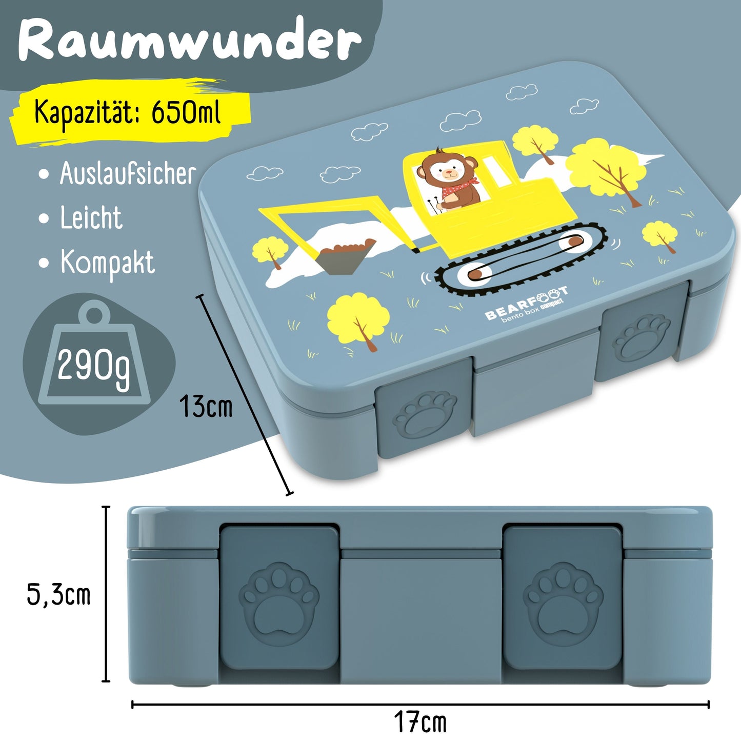 Brotdose mit Fächern, leicht & auslaufsicher - Bagger blau