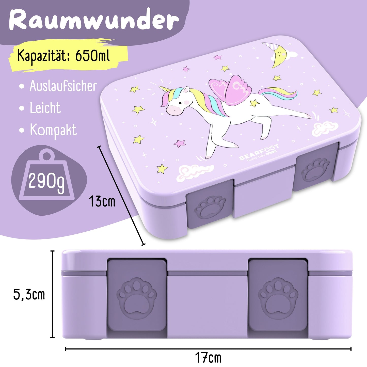 Brotdose mit Fächern, leicht & auslaufsicher - Einhorn lila