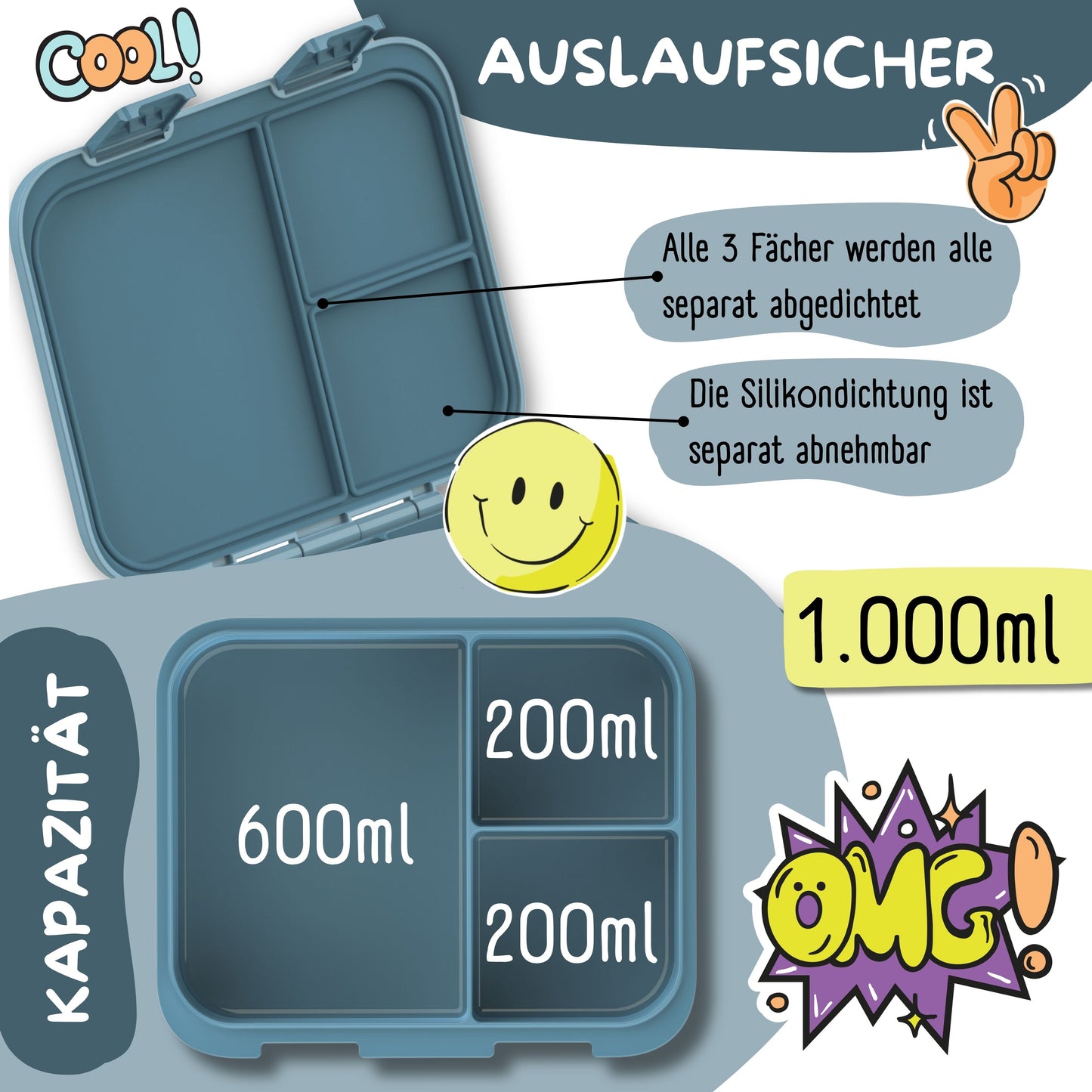 Brotdose mit Fächern, leicht & auslaufsicher - blau