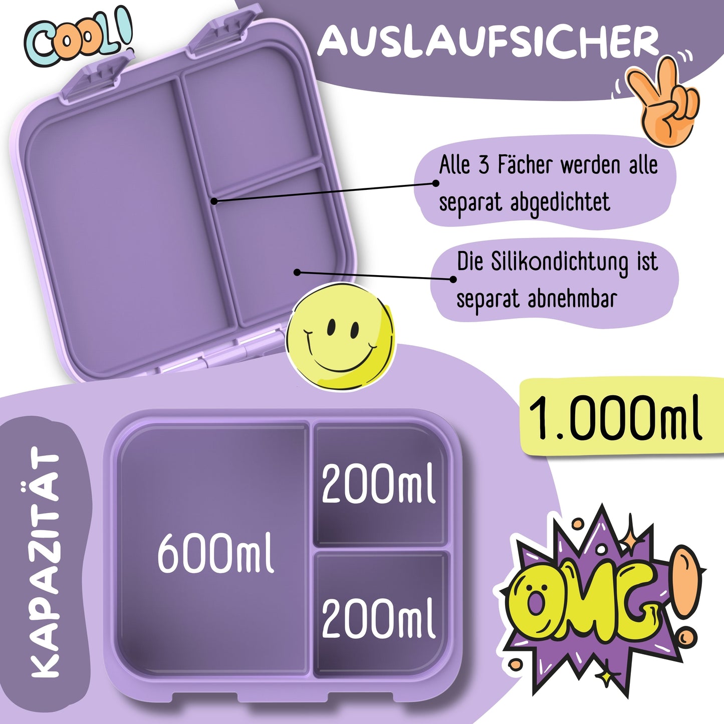 Brotdose mit Fächern, leicht & auslaufsicher - lila