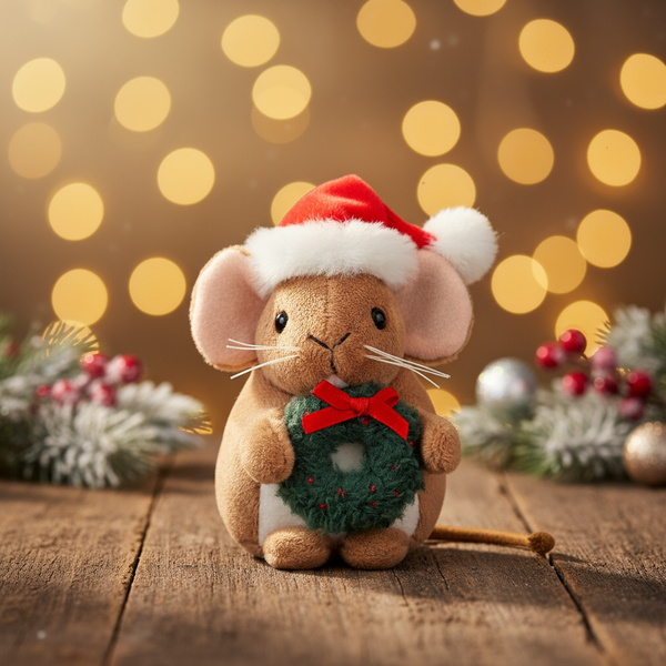 Kerstmuisknuffel met krans