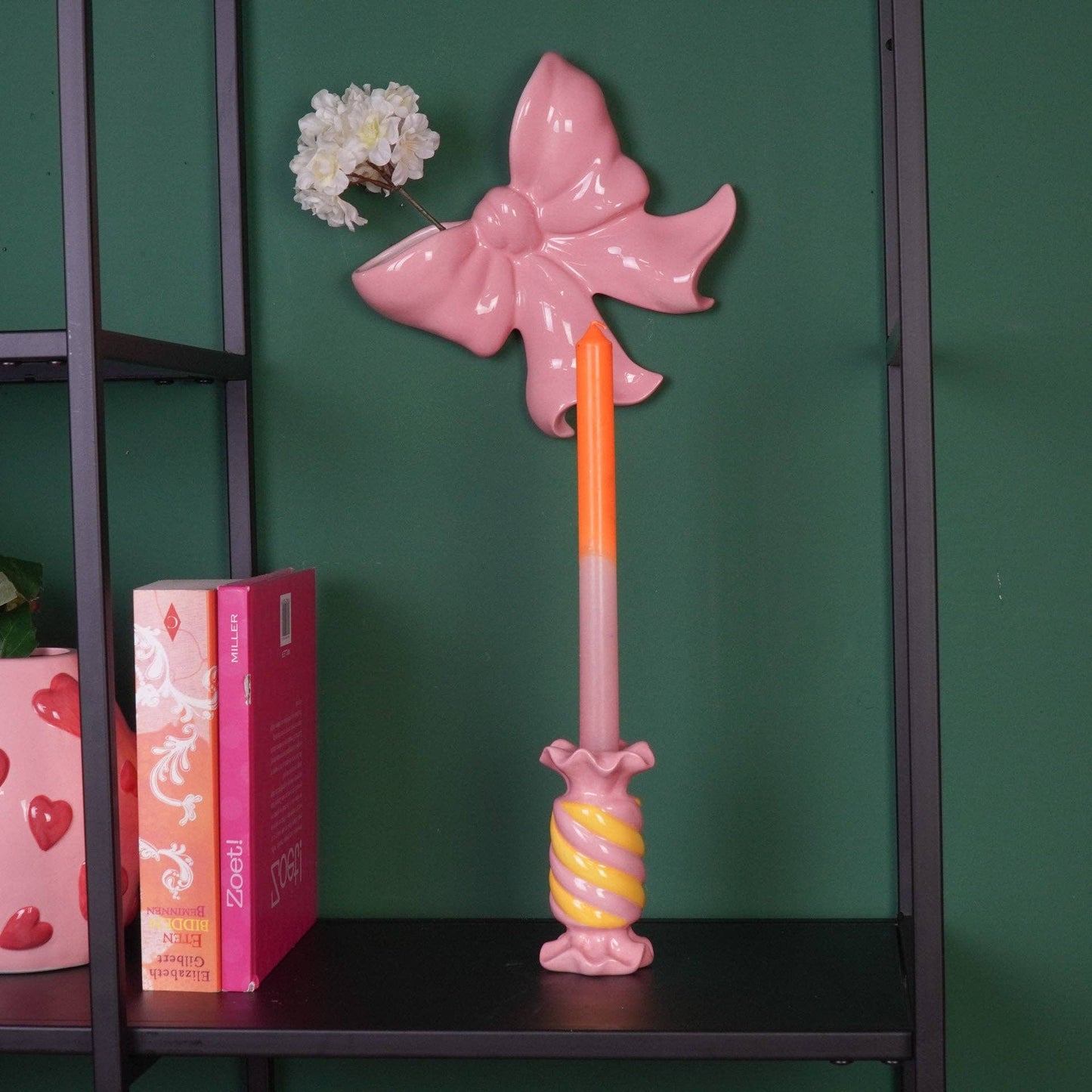 Bougeoir - Bonbon Toffee - Céramique - Rose/Jaune - 7,5x7,5x13 cm