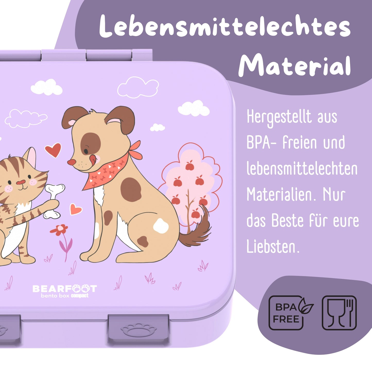Brotdose mit Fächern, auslaufsicher - Hund & Katze lila