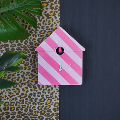 Horloge - Horloge murale coucou - Motif rayé/Rose - 24x27x9cm