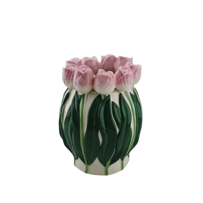 Vase - Tulips - Dolomite - Light pink/Green - 12.5x12.5x16cm