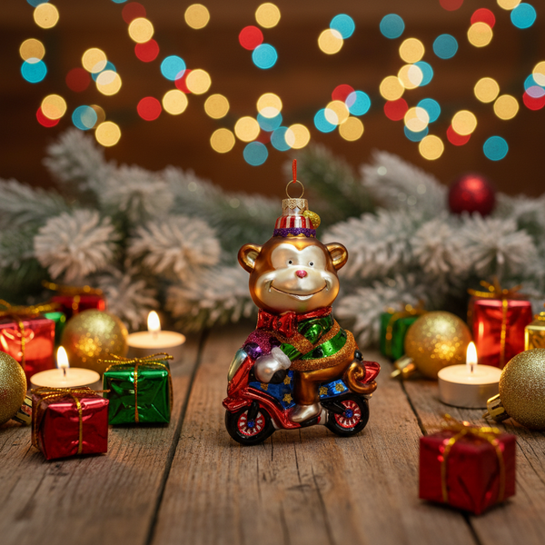 Kerstversiering: Circusaap op een motorfiets