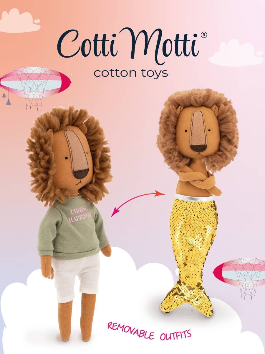 Simon the Lion Plush Toy: Green T-shirt and Mermaid Tail Outfit - 29 cm