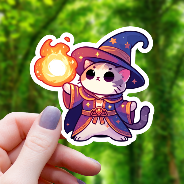 Autocollant Chat Sorcier avec Boule de Feu