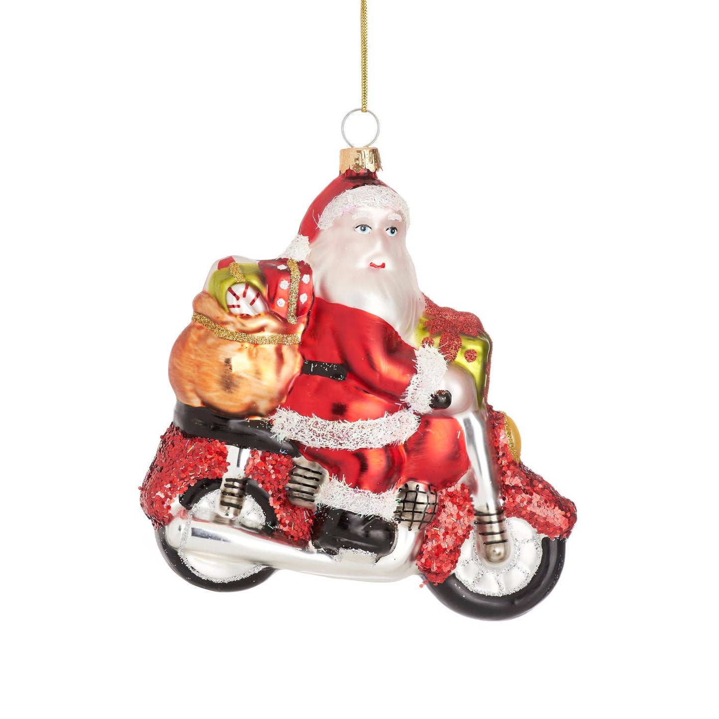 Een bal in de vorm van de Kerstman op een motorfiets