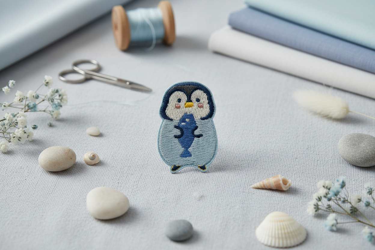 Penguin Iron-On Patch with Fish